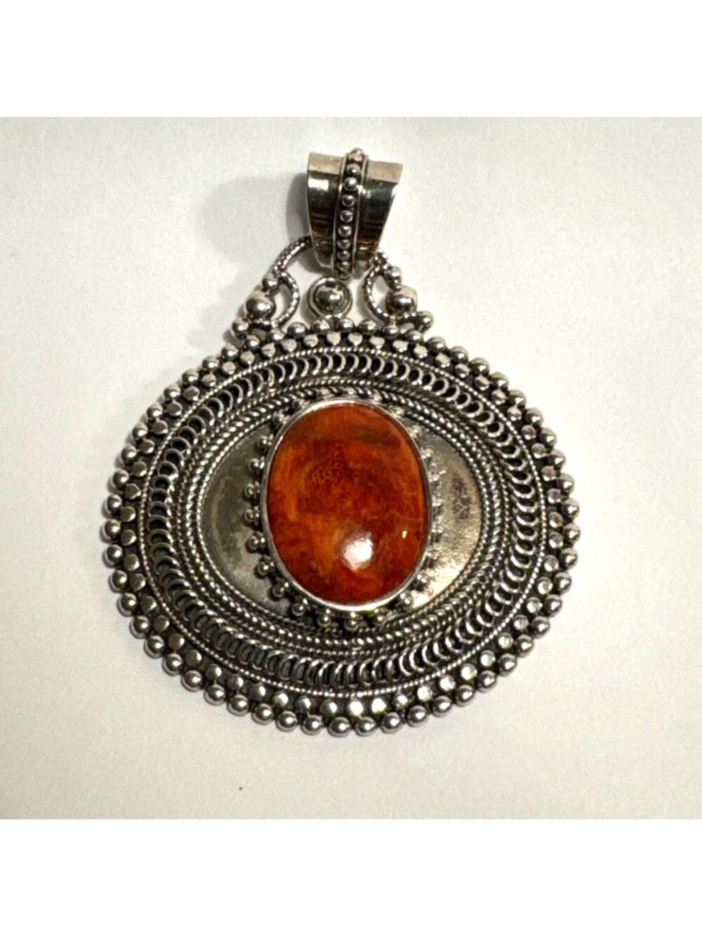 Sterling Silver 925 Orange Spiny Oyster Bezel Set Oval Pendant Size 2.25" Length